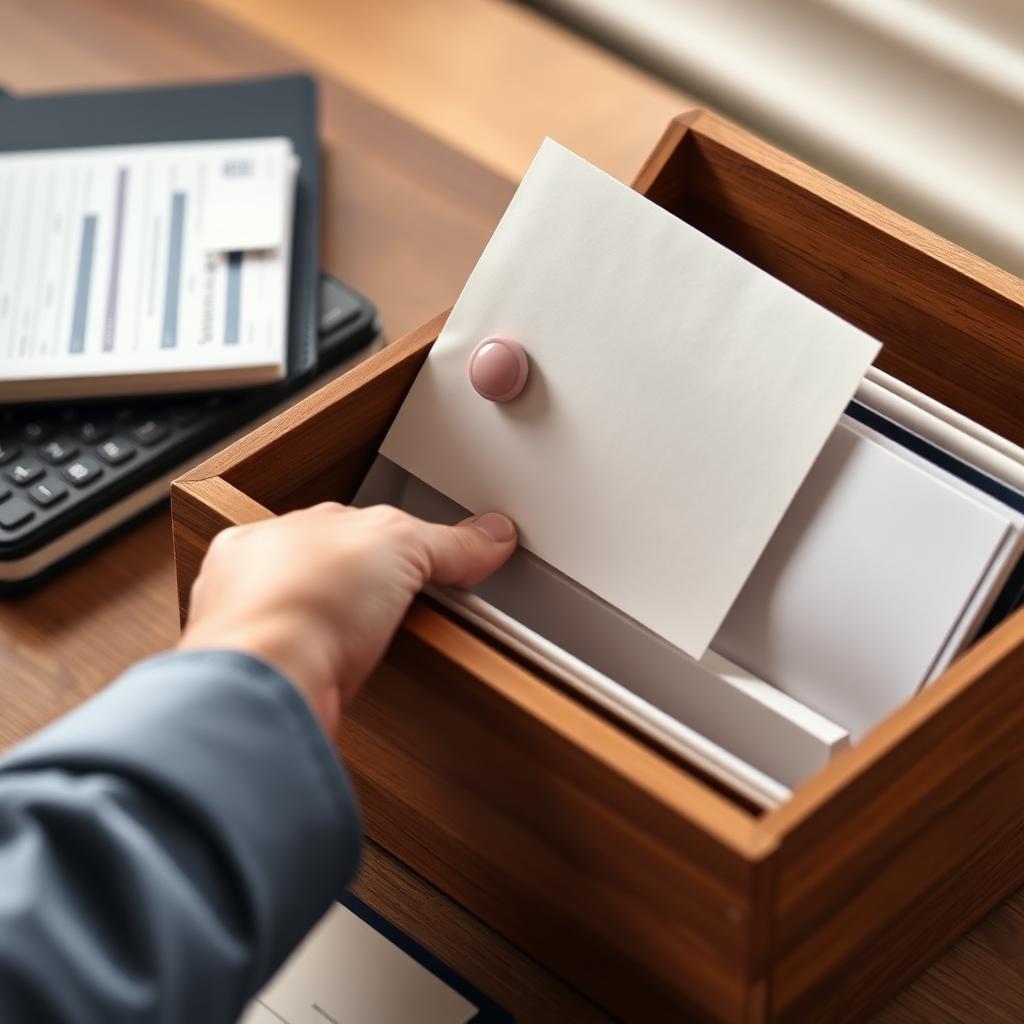 A hand organizing bills in a wooden mail organizer