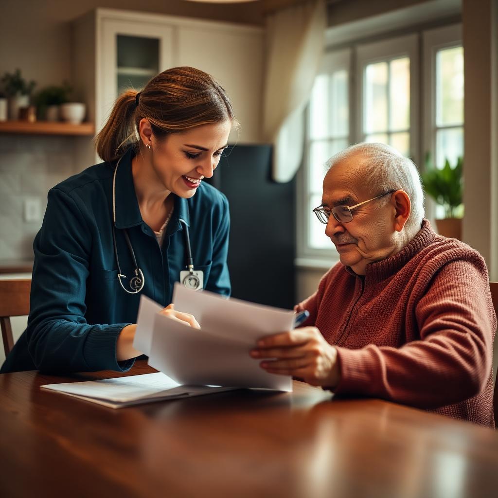 A care worker helps an elderly client review paperwork